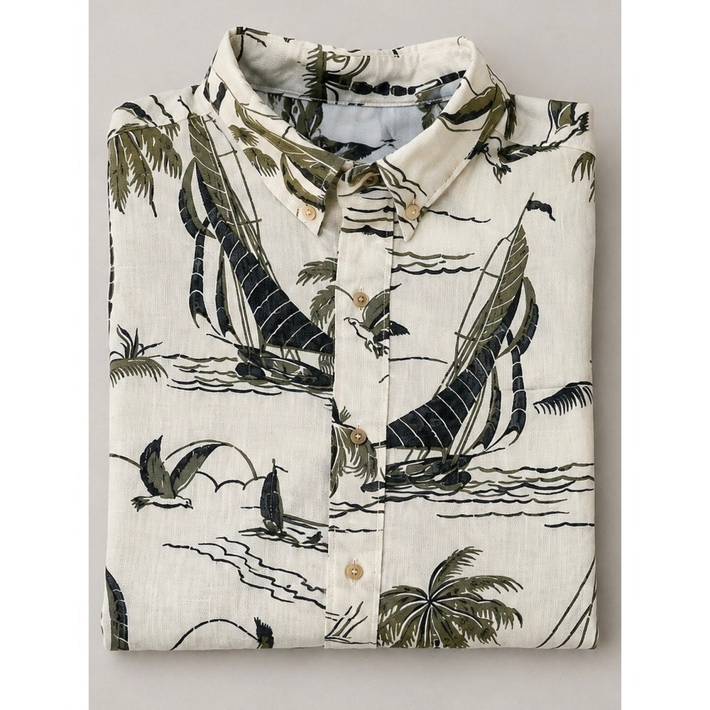 VTG Reyn Spooner Mens XXL Sailboat Palm Tree Hawaiian Button Down Shirt Cream